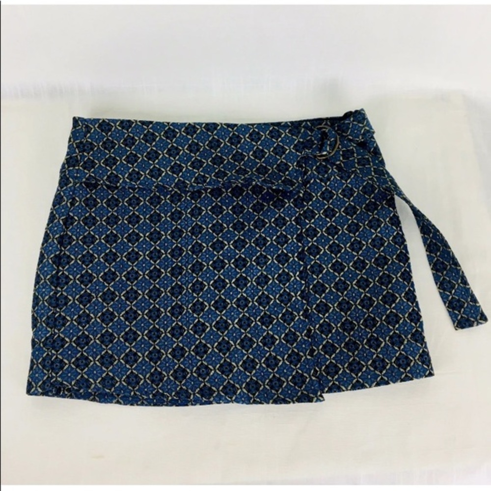 FREE PEOPLE Y2K Women's 8 Jacquard Mini Skirt‎ Wrap Blue Gold Metallic Faux $168